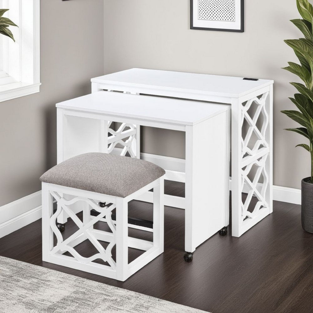 Syna 3 Piece Nesting Desk and Stool Set, White Wood, Gray Polyester -BM335968