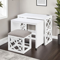 Syna 3 Piece Nesting Desk and Stool Set, White Wood, Gray Polyester -BM335968