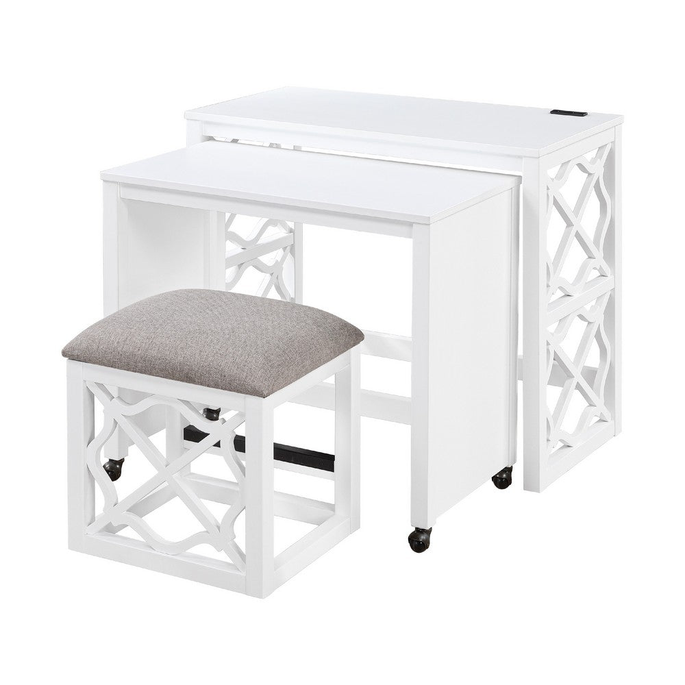 Syna 3 Piece Nesting Desk and Stool Set, White Wood, Gray Polyester -BM335968