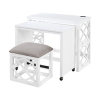 Syna 3 Piece Nesting Desk and Stool Set, White Wood, Gray Polyester -BM335968