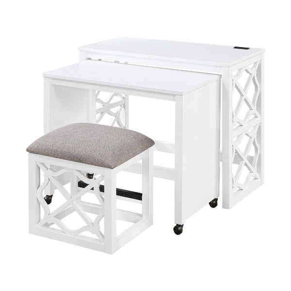 Syna 3 Piece Nesting Desk and Stool Set, White Wood, Gray Polyester -BM335968