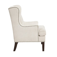 Rossana Accent Wing Armchair, Beige Polyester, Brown Wood, Nailhead -BM335981