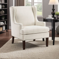 Rossana Accent Wing Armchair, Beige Polyester, Brown Wood, Nailhead -BM335981