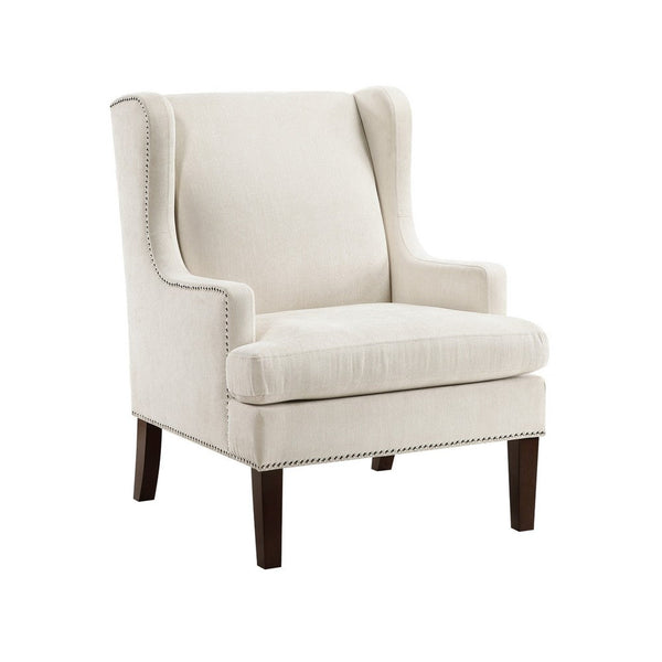 Rossana Accent Wing Armchair, Beige Polyester, Brown Wood, Nailhead -BM335981