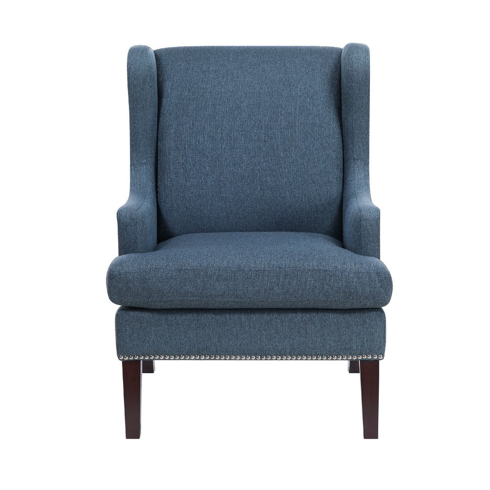 Rossana Accent Wing Armchair, Blue Polyester, Brown Wood, Nailhead -BM335982