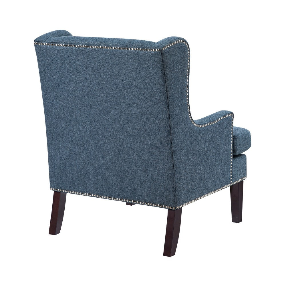 Rossana Accent Wing Armchair, Blue Polyester, Brown Wood, Nailhead -BM335982