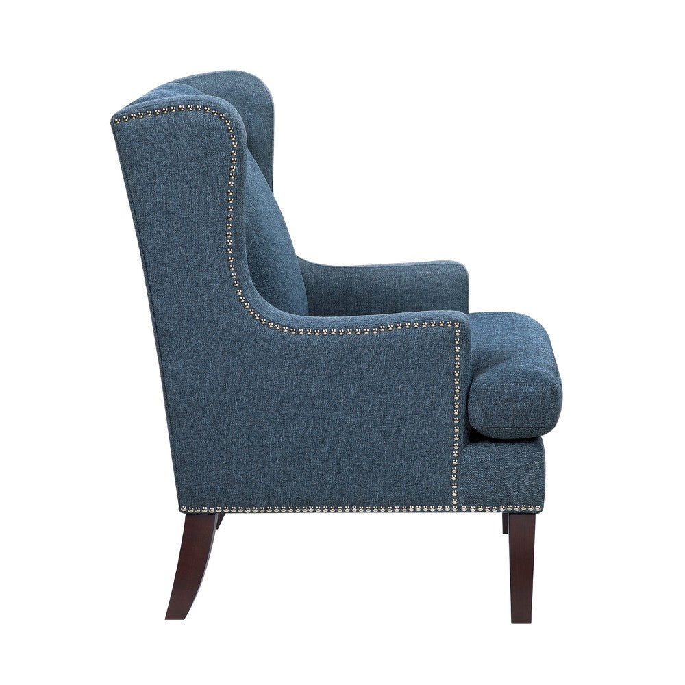 Rossana Accent Wing Armchair, Blue Polyester, Brown Wood, Nailhead -BM335982