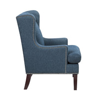 Rossana Accent Wing Armchair, Blue Polyester, Brown Wood, Nailhead -BM335982