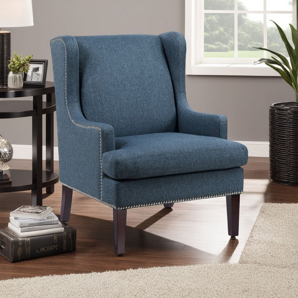 Rossana Accent Wing Armchair, Blue Polyester, Brown Wood, Nailhead -BM335982