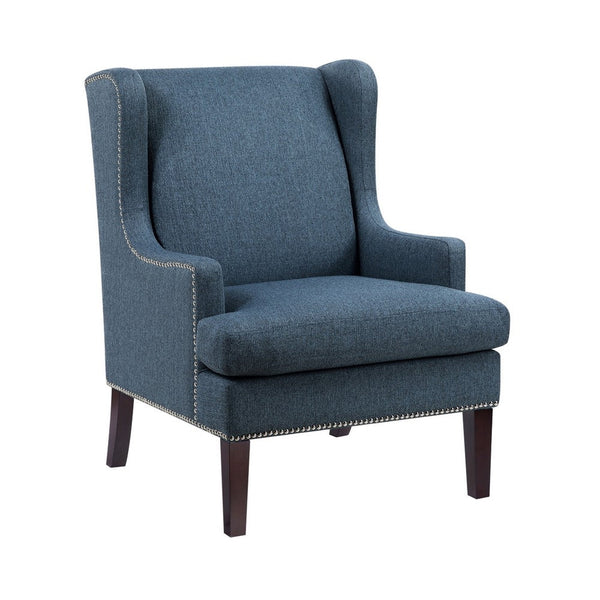 Rossana Accent Wing Armchair, Blue Polyester, Brown Wood, Nailhead -BM335982
