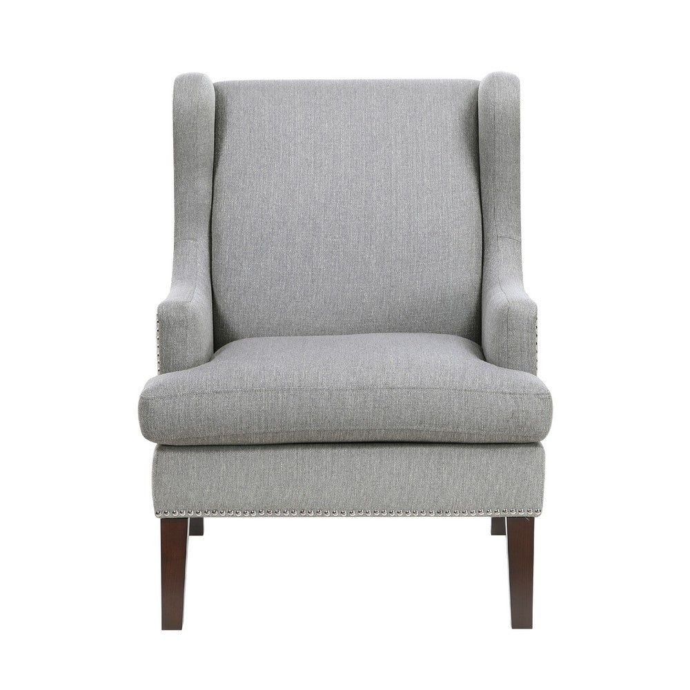 Rossana Accent Wing Armchair, Gray Polyester, Brown Wood, Nailhead -BM335983