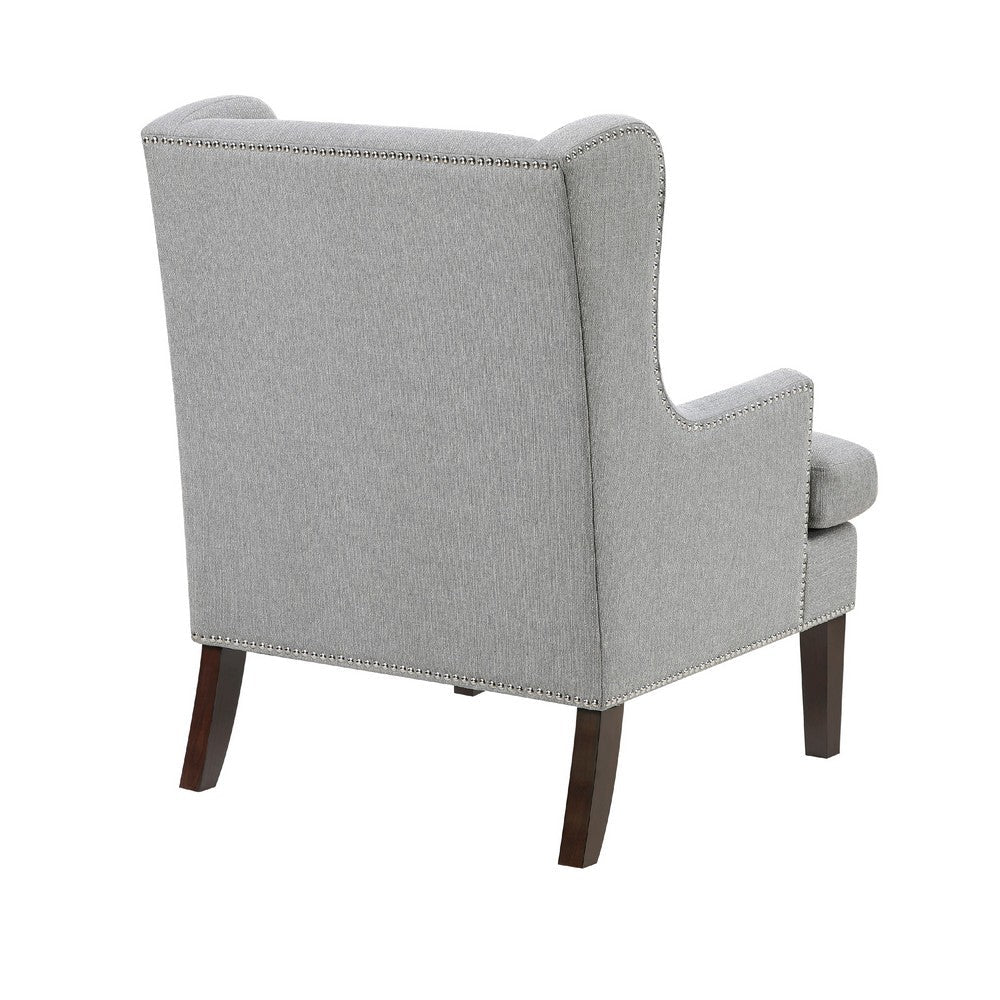 Rossana Accent Wing Armchair, Gray Polyester, Brown Wood, Nailhead -BM335983
