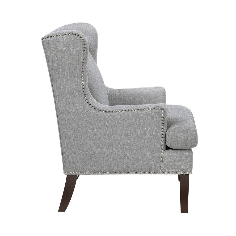 Rossana Accent Wing Armchair, Gray Polyester, Brown Wood, Nailhead -BM335983