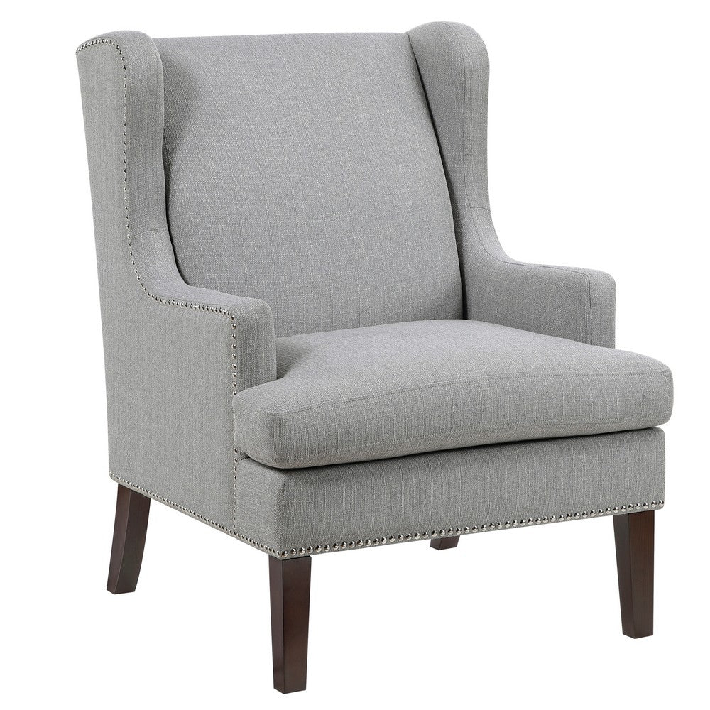 Rossana Accent Wing Armchair, Gray Polyester, Brown Wood, Nailhead -BM335983