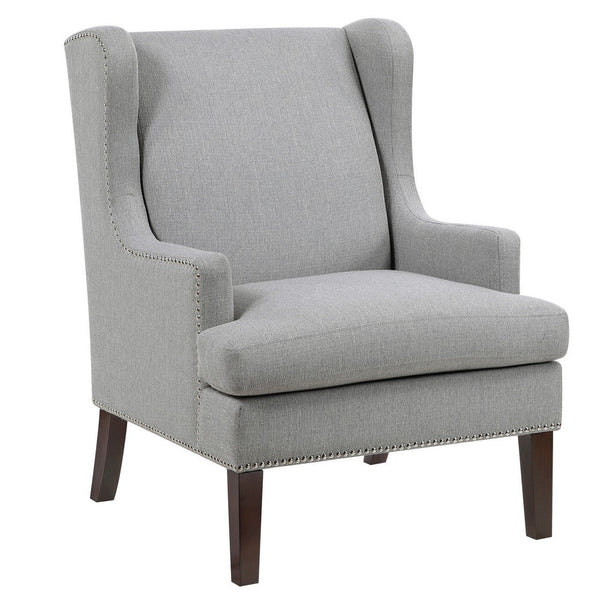 Rossana Accent Wing Armchair, Gray Polyester, Brown Wood, Nailhead -BM335983