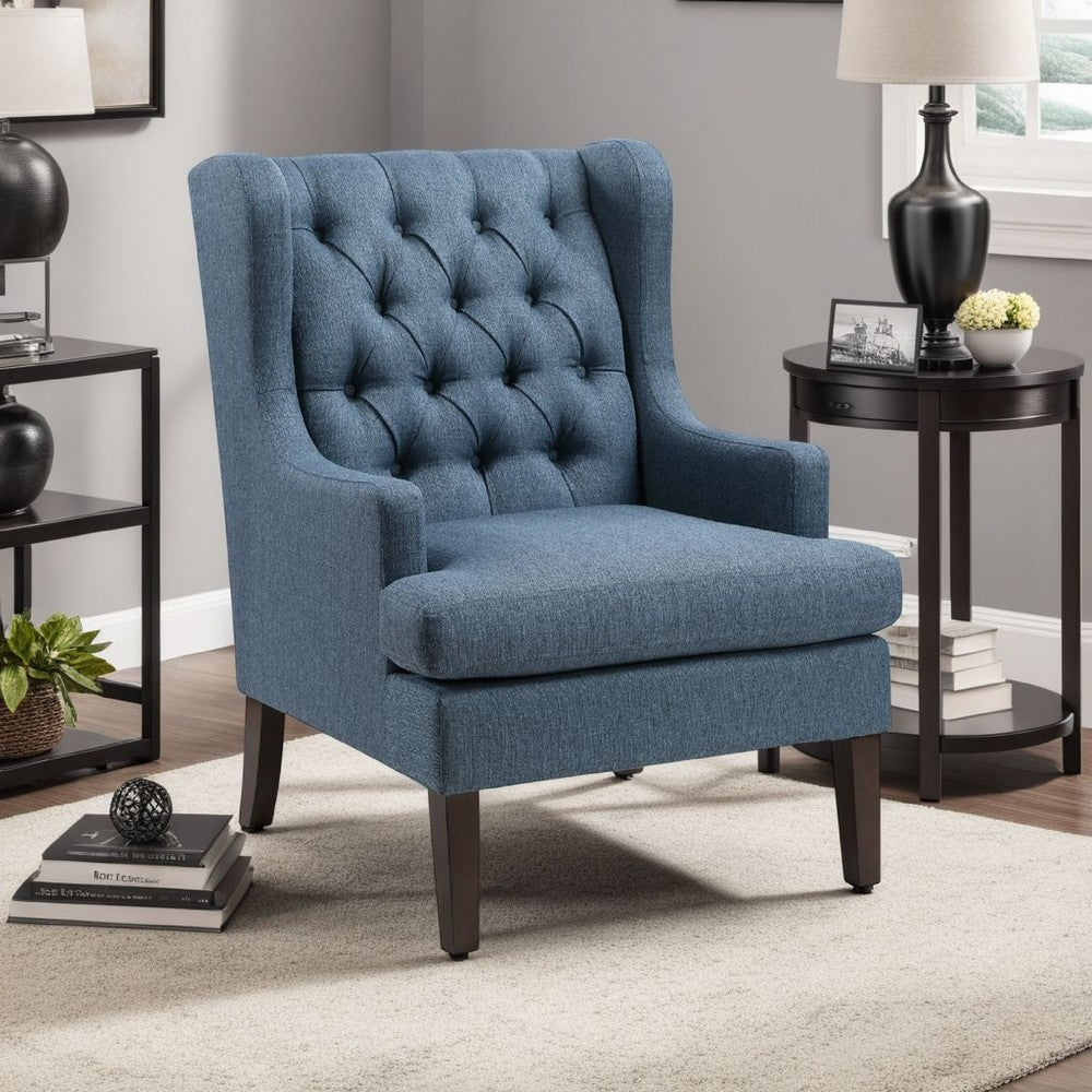 Hosanna Accent Wing Armchair, Button Tufted Blue Polyester, Brown Wood -BM335985