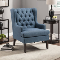Hosanna Accent Wing Armchair, Button Tufted Blue Polyester, Brown Wood -BM335985