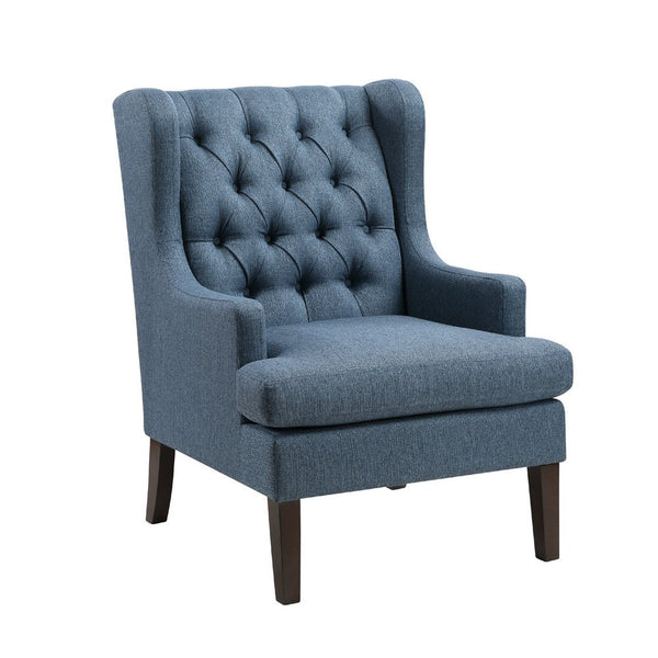 Hosanna Accent Wing Armchair, Button Tufted Blue Polyester, Brown Wood -BM335985