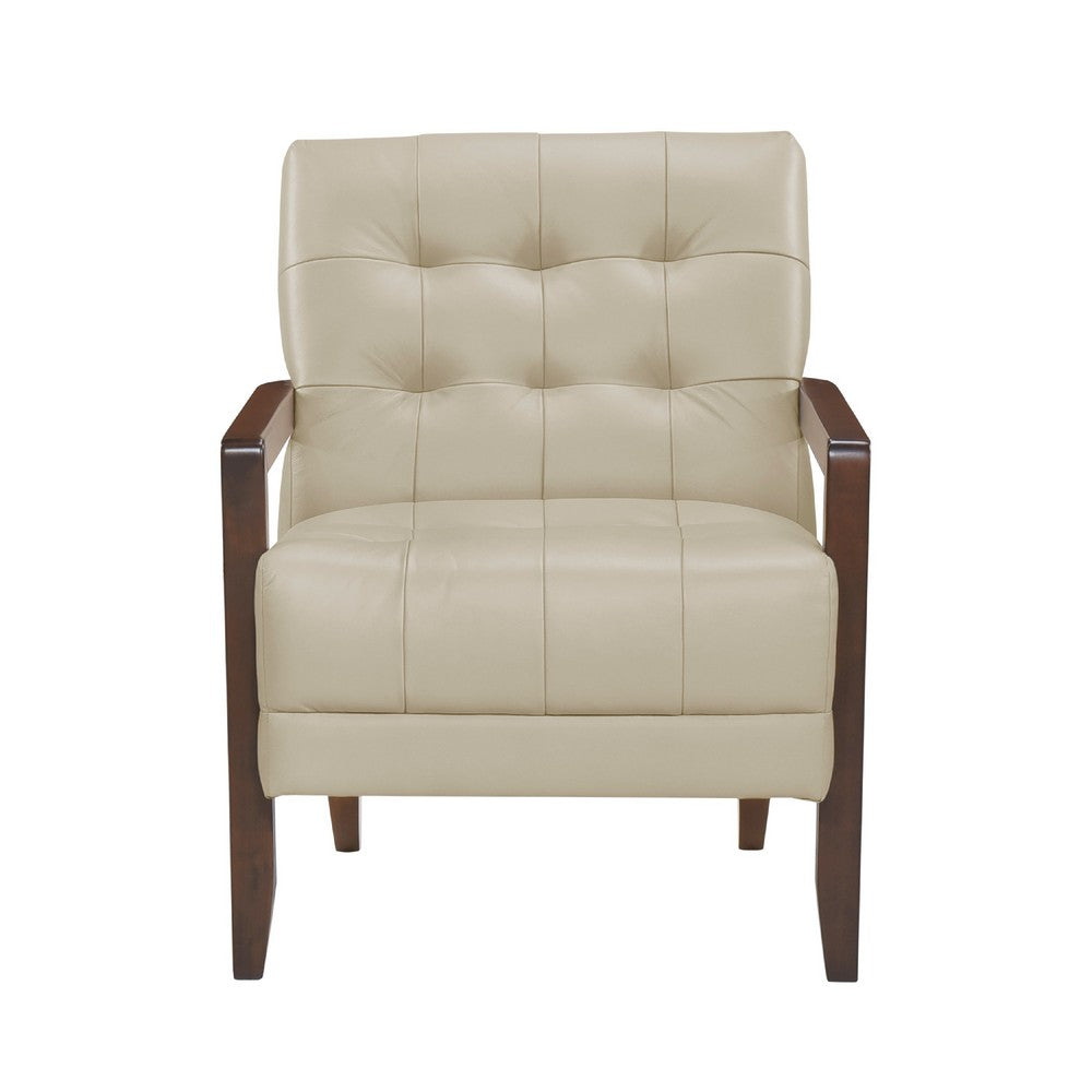 Lenie Accent Armchair, Button Tufted Beige Leather, Walnut Brown Wood -BM335988