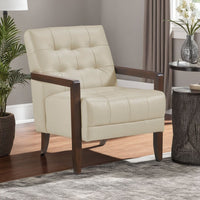 Lenie Accent Armchair, Button Tufted Beige Leather, Walnut Brown Wood -BM335988