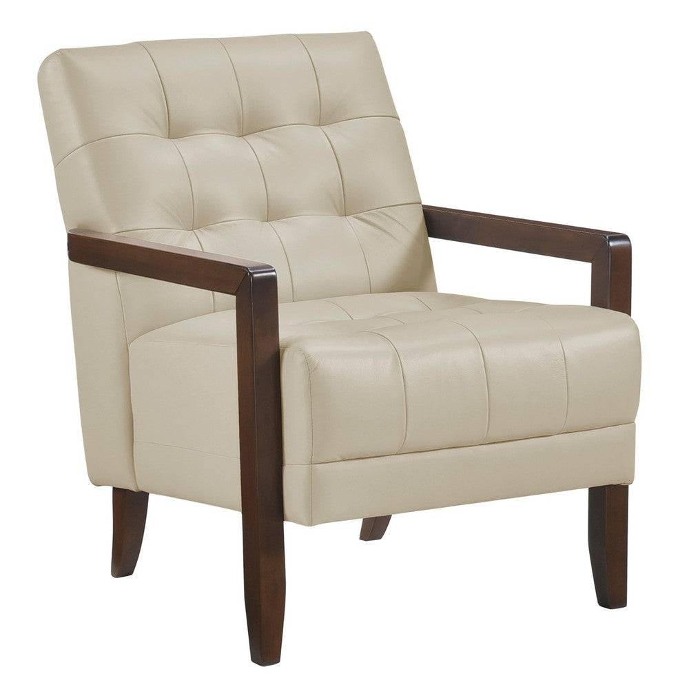 Lenie Accent Armchair, Button Tufted Beige Leather, Walnut Brown Wood -BM335988
