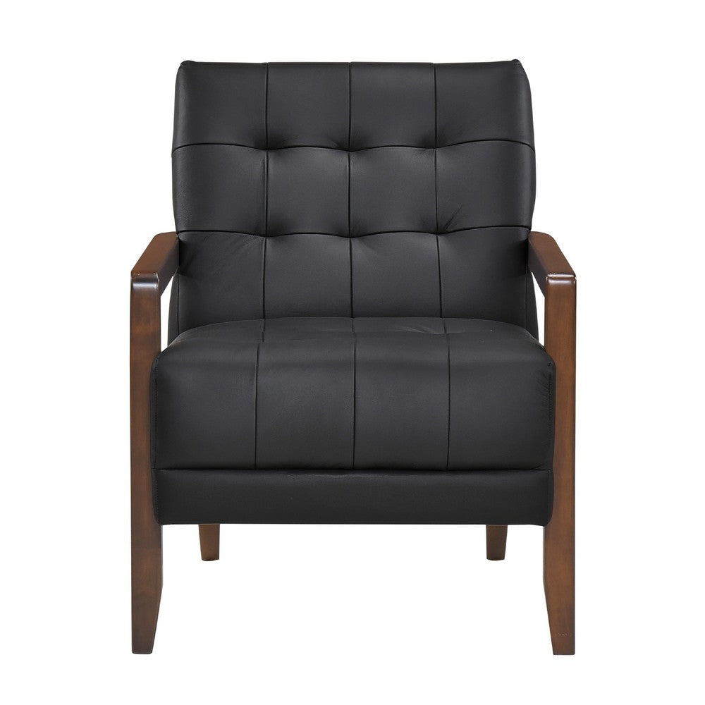 Lenie Accent Armchair, Button Tufted Black Leather, Walnut Brown Wood -BM335989