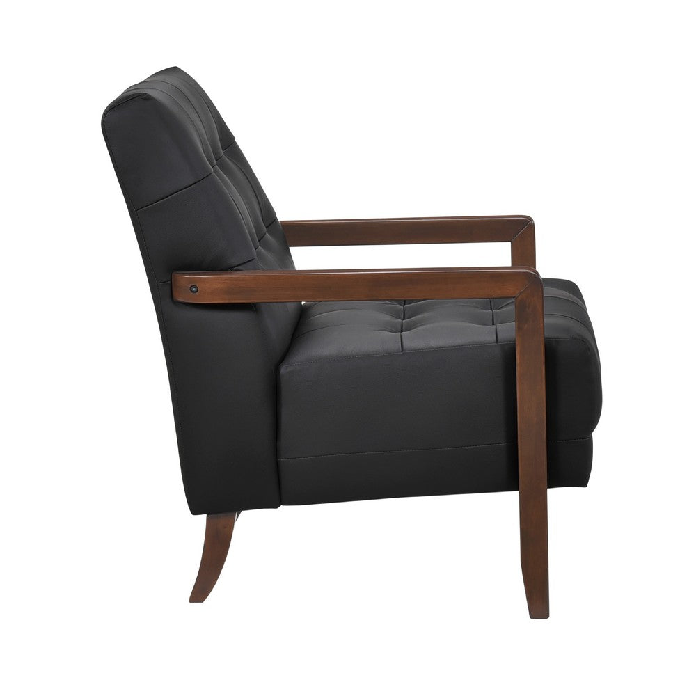 Lenie Accent Armchair, Button Tufted Black Leather, Walnut Brown Wood -BM335989