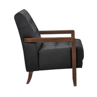 Lenie Accent Armchair, Button Tufted Black Leather, Walnut Brown Wood -BM335989
