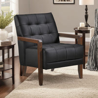 Lenie Accent Armchair, Button Tufted Black Leather, Walnut Brown Wood -BM335989