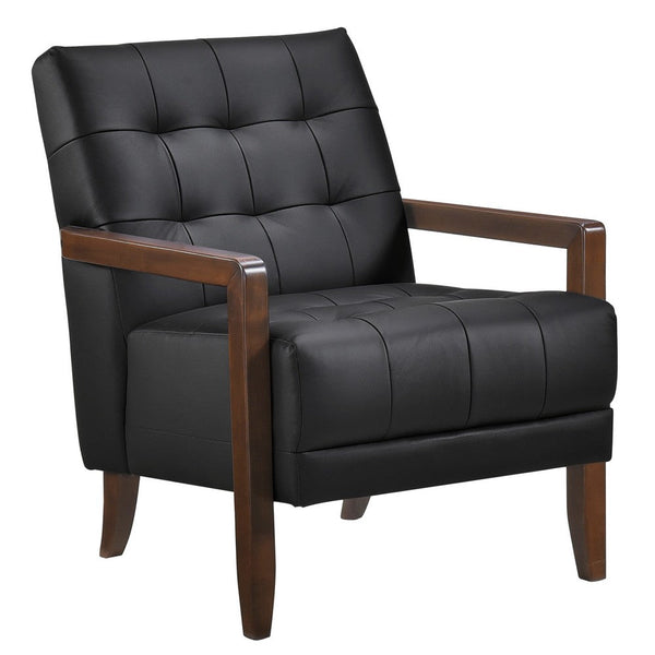 Lenie Accent Armchair, Button Tufted Black Leather, Walnut Brown Wood -BM335989