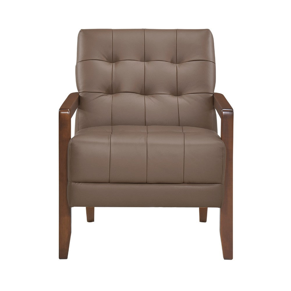Lenie Accent Armchair, Button Tufted Brown Leather, Walnut Brown Wood -BM335990