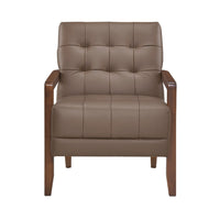 Lenie Accent Armchair, Button Tufted Brown Leather, Walnut Brown Wood -BM335990