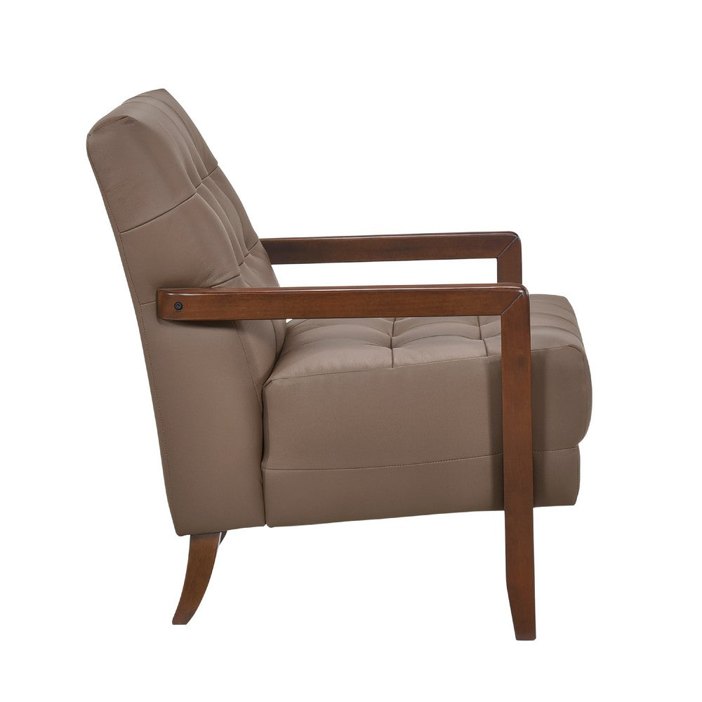 Lenie Accent Armchair, Button Tufted Brown Leather, Walnut Brown Wood -BM335990