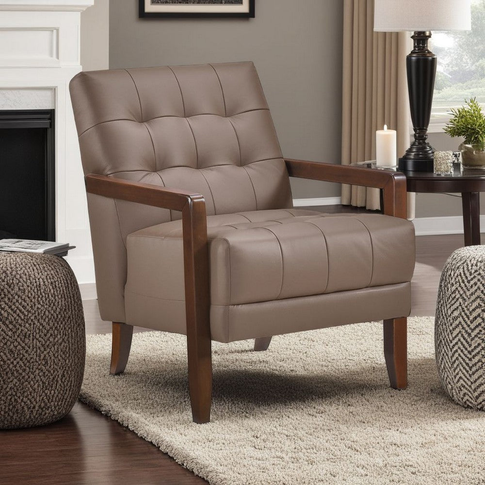 Lenie Accent Armchair, Button Tufted Brown Leather, Walnut Brown Wood -BM335990