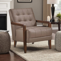 Lenie Accent Armchair, Button Tufted Brown Leather, Walnut Brown Wood -BM335990