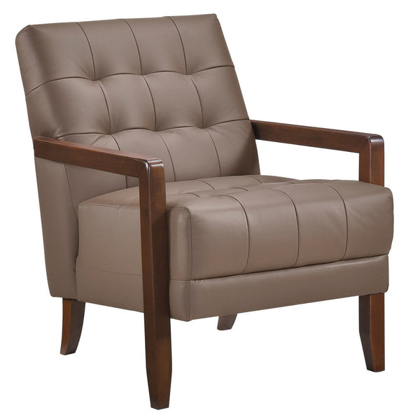 Lenie Accent Armchair, Button Tufted Brown Leather, Walnut Brown Wood -BM335990