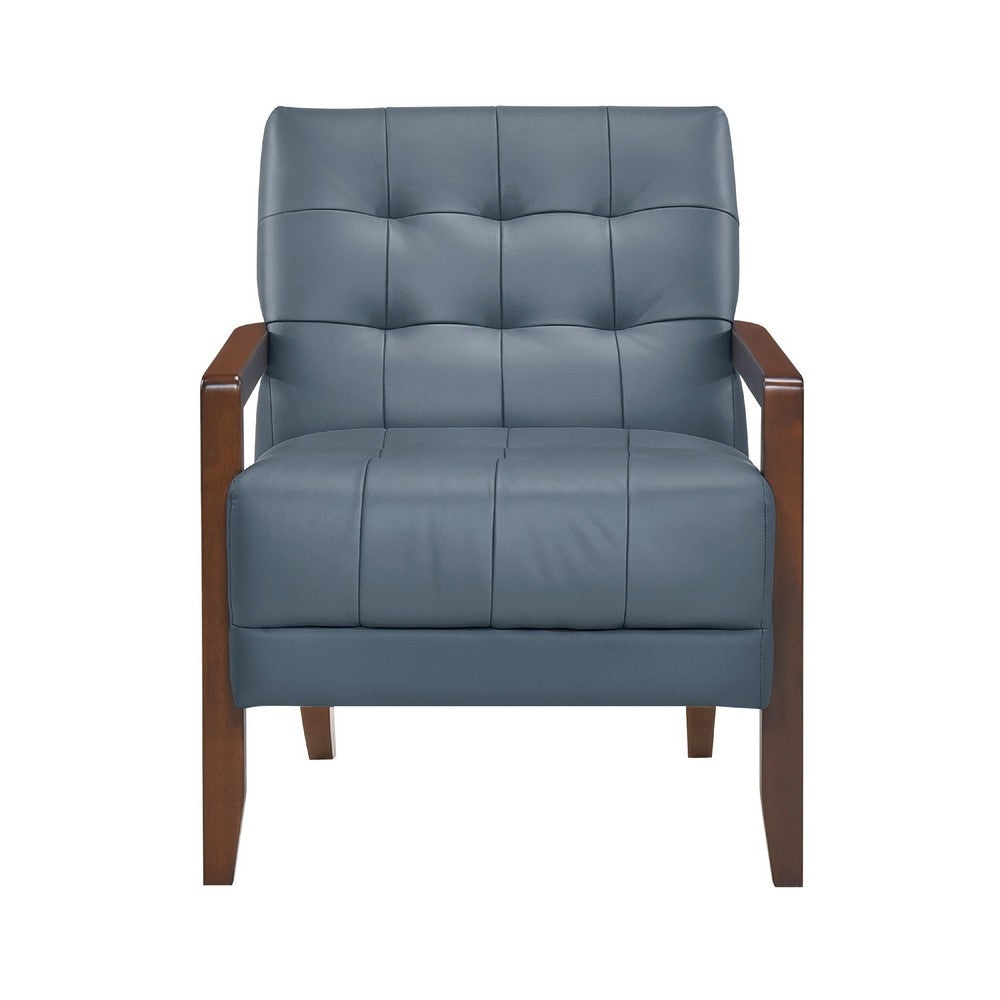 Lenie Accent Armchair, Button Tufted Blue Leather, Walnut Brown Wood -BM335991