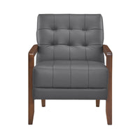 Lenie Accent Armchair, Button Tufted Dark Gray Leather, Brown Wood -BM335993