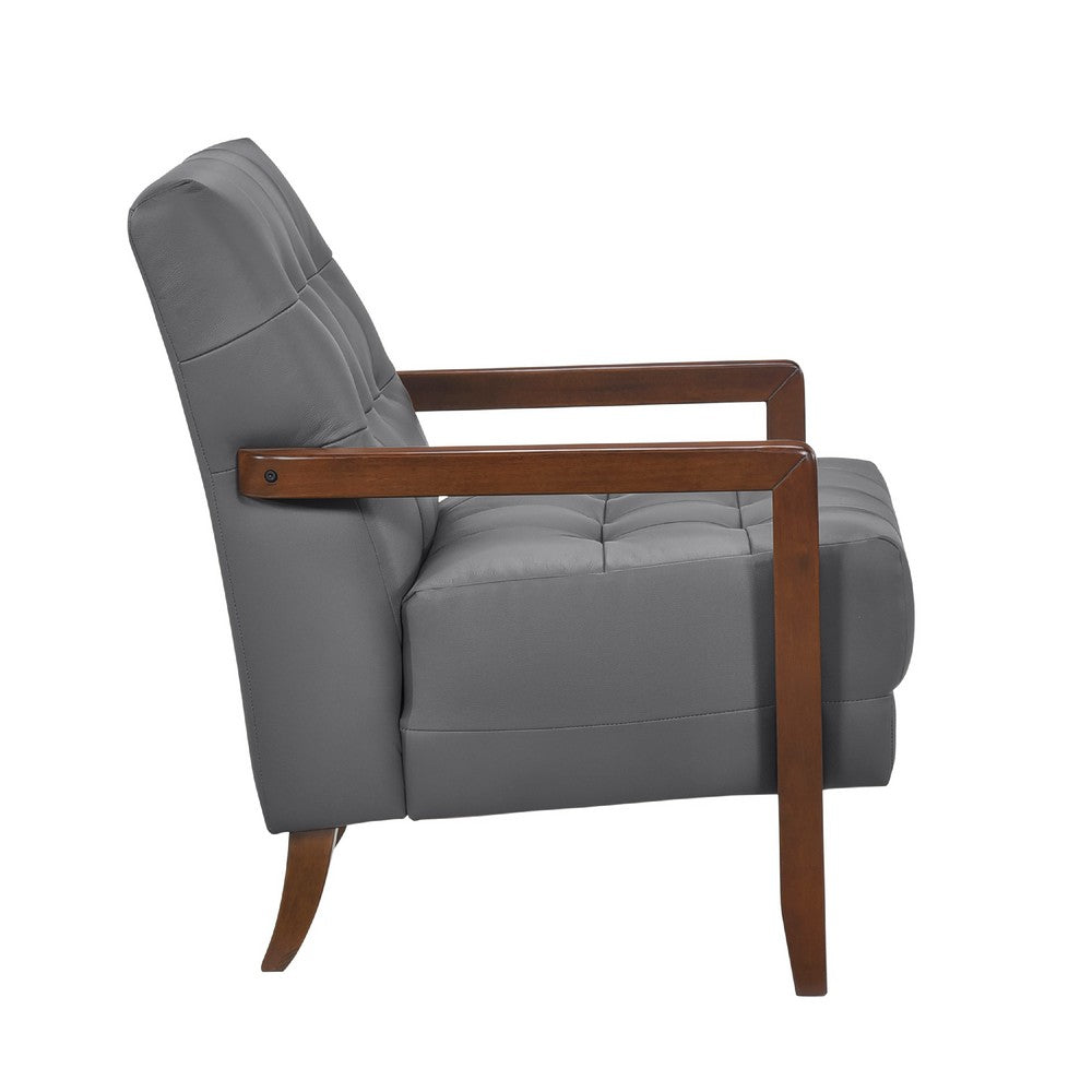 Lenie Accent Armchair, Button Tufted Dark Gray Leather, Brown Wood -BM335993