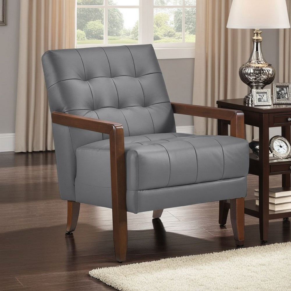 Lenie Accent Armchair, Button Tufted Dark Gray Leather, Brown Wood -BM335993