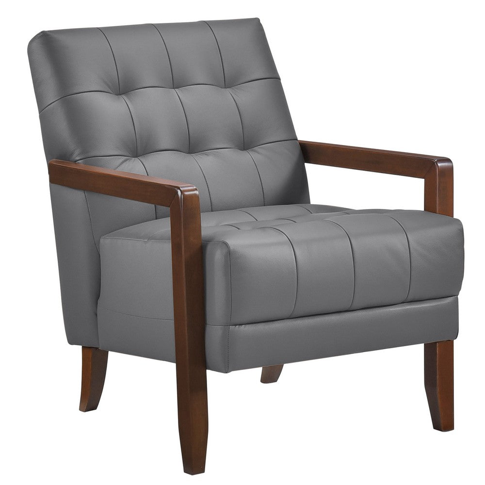 Lenie Accent Armchair, Button Tufted Dark Gray Leather, Brown Wood -BM335993