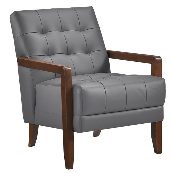 Lenie Accent Armchair, Button Tufted Dark Gray Leather, Brown Wood -BM335993