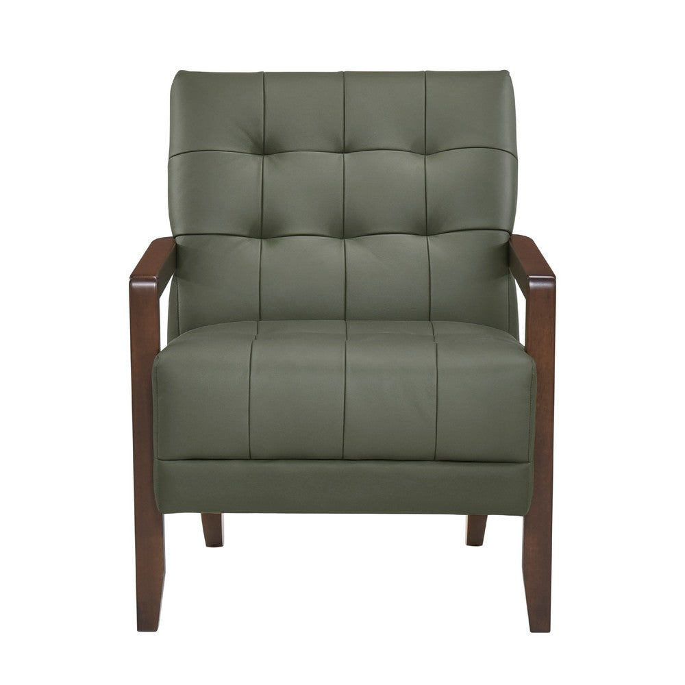 Lenie Accent Armchair, Button Tufted Green Leather, Walnut Brown Wood -BM335994