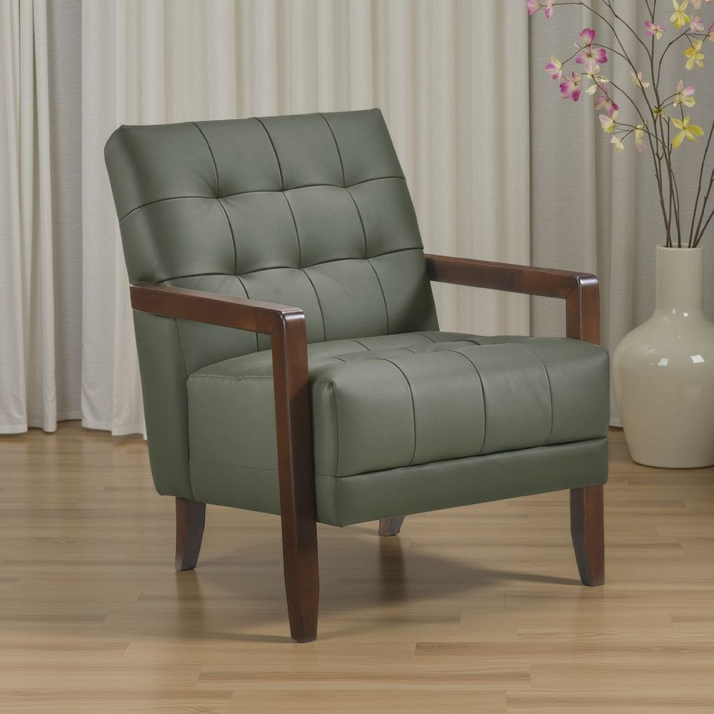 Lenie Accent Armchair, Button Tufted Green Leather, Walnut Brown Wood -BM335994