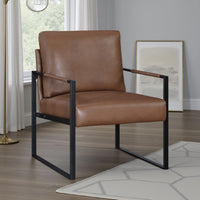 Mackie Accent Armchair, Dark Brown Faux Leather, Black Metal Frame -BM335996
