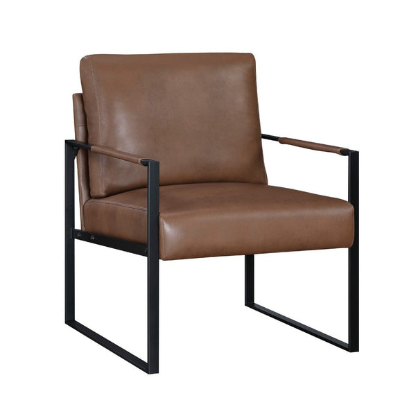 Mackie Accent Armchair, Dark Brown Faux Leather, Black Metal Frame -BM335996