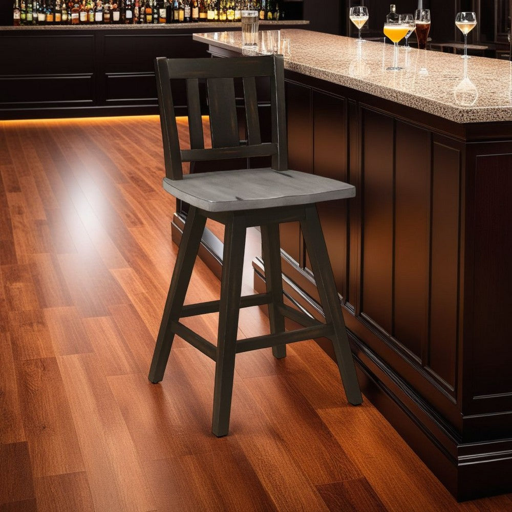 Ati Swivel Counter Height Chair Set of 2, Slatted Black Wood, Gray -BM336005