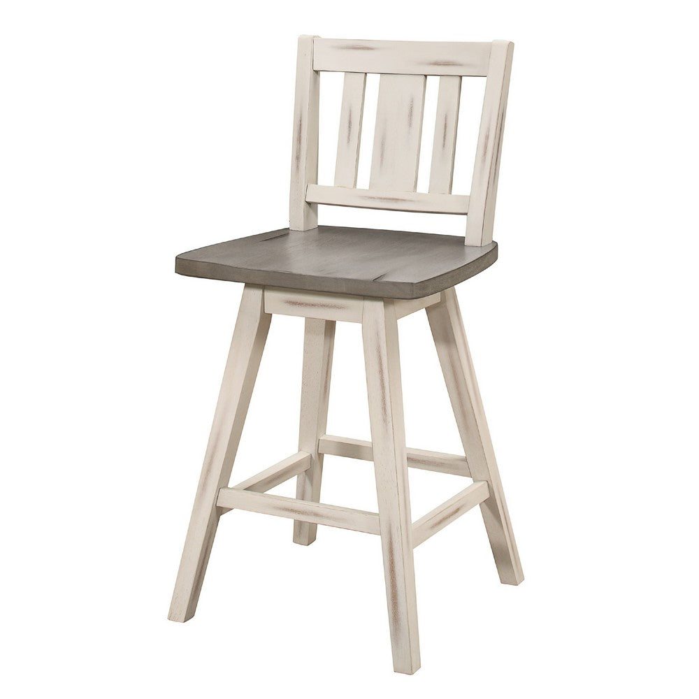 Ati Swivel Counter Height Chair Set of 2, Slatted White Wood, Gray -BM336006
