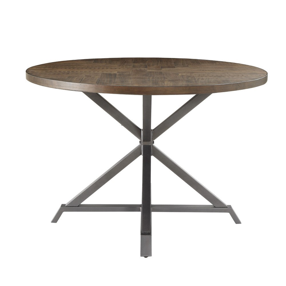 Fena Dining Table, Round 45 Inch Brown Wood Top, Gray Metal Star Base -BM336009