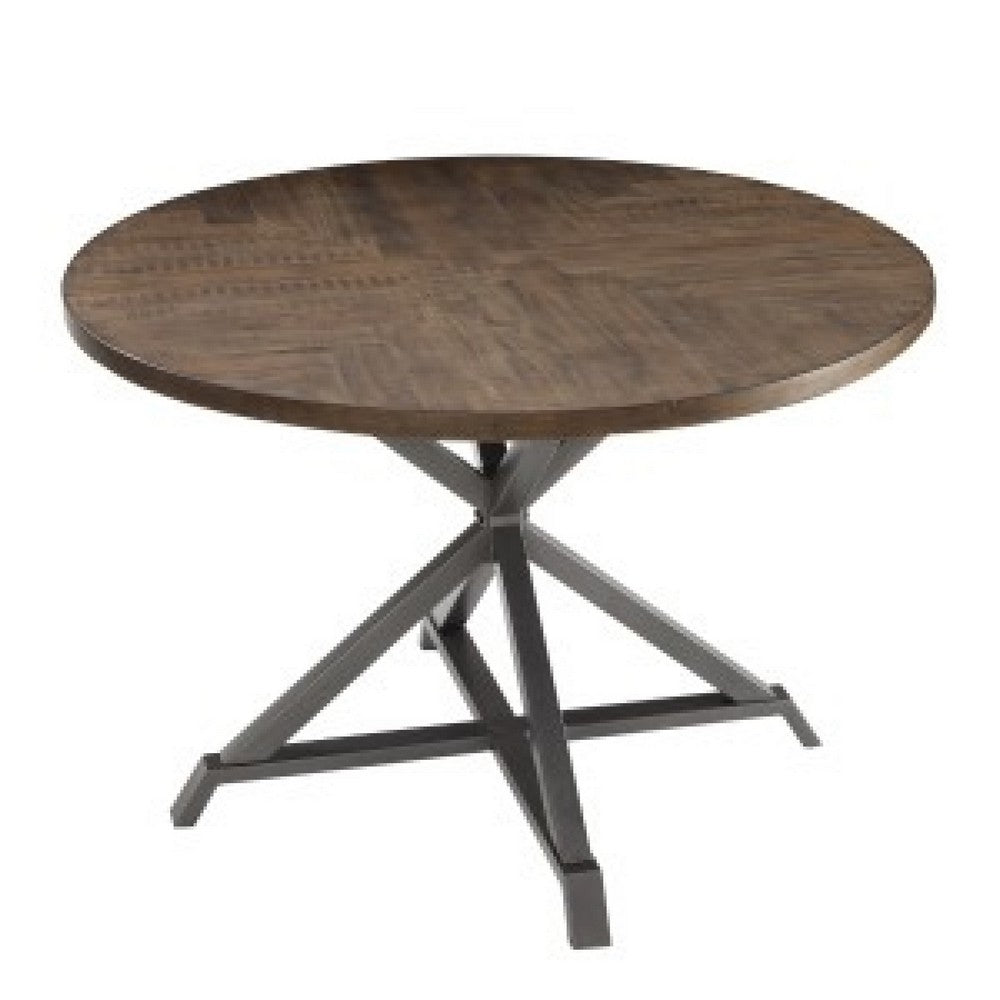 Fena Dining Table, Round 45 Inch Brown Wood Top, Gray Metal Star Base -BM336009